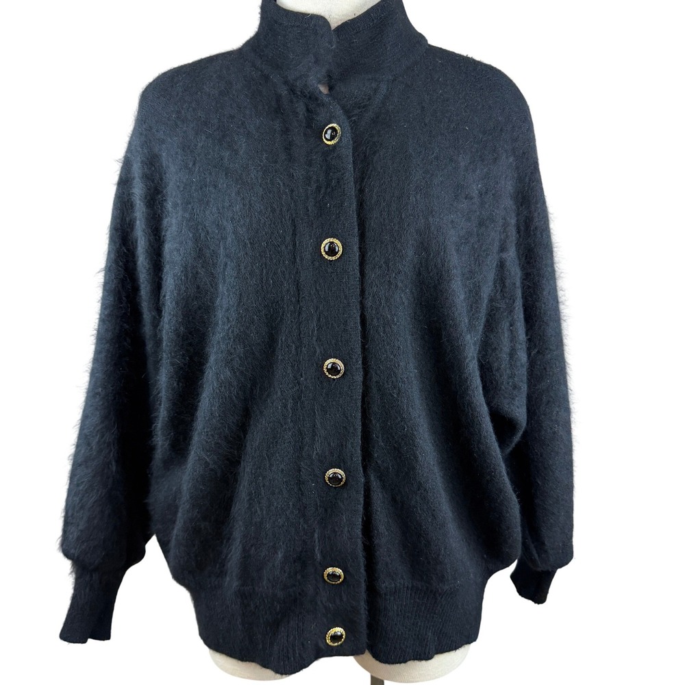 Vintage 80s BELLDINI Womens Angora Cardigan|L|Black Gold Button Mock Neck Fuzzy